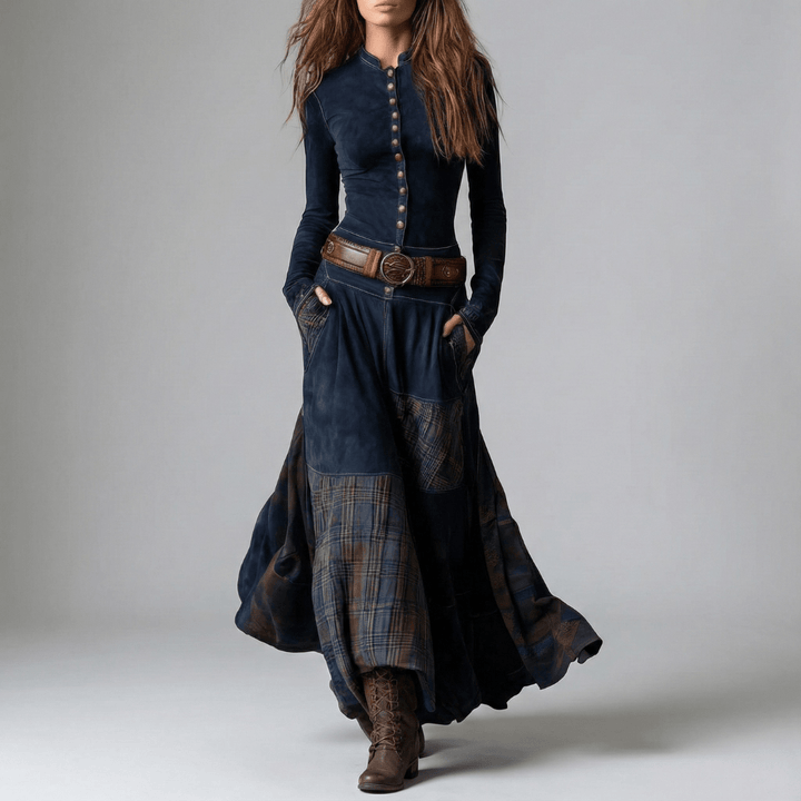 Christa | Damen Button Front Patchwork Maxi Kleid