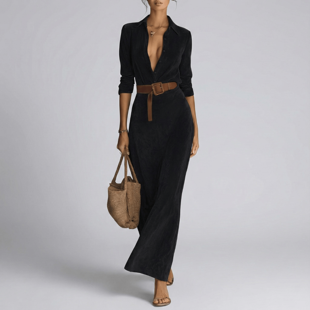 Maja | Damen Tiefes V Gürtelt Maxi Kleid