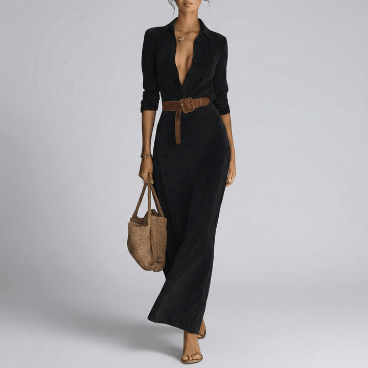 Maja | Damen Tiefes V Gürtelt Maxi Kleid