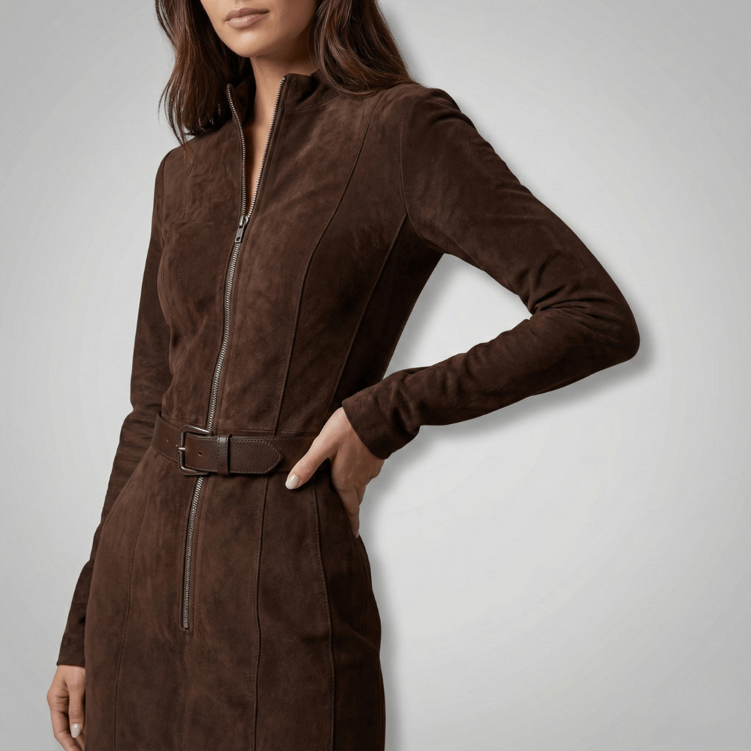 Gudrun | Damen Zip Front Gürtelt Midi Kleid