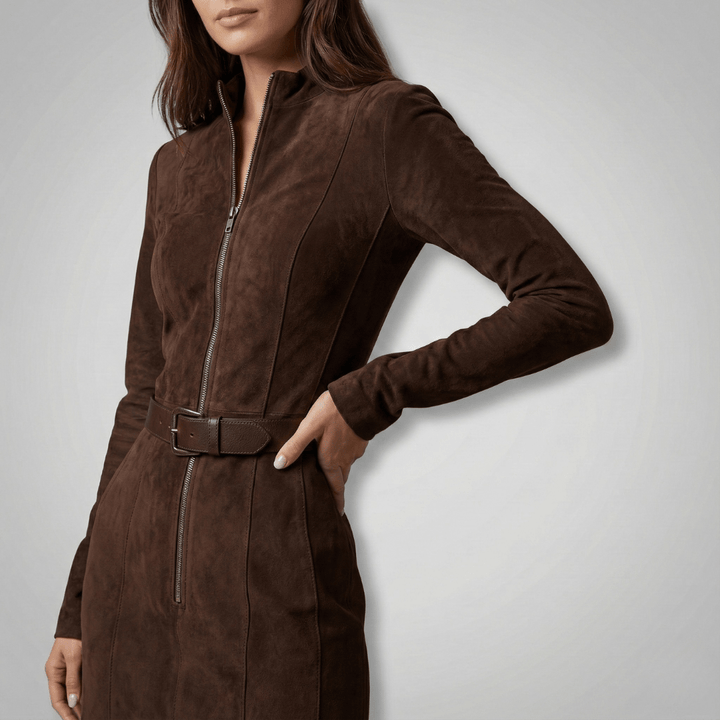 Gudrun | Damen Zip Front Gürtelt Midi Kleid