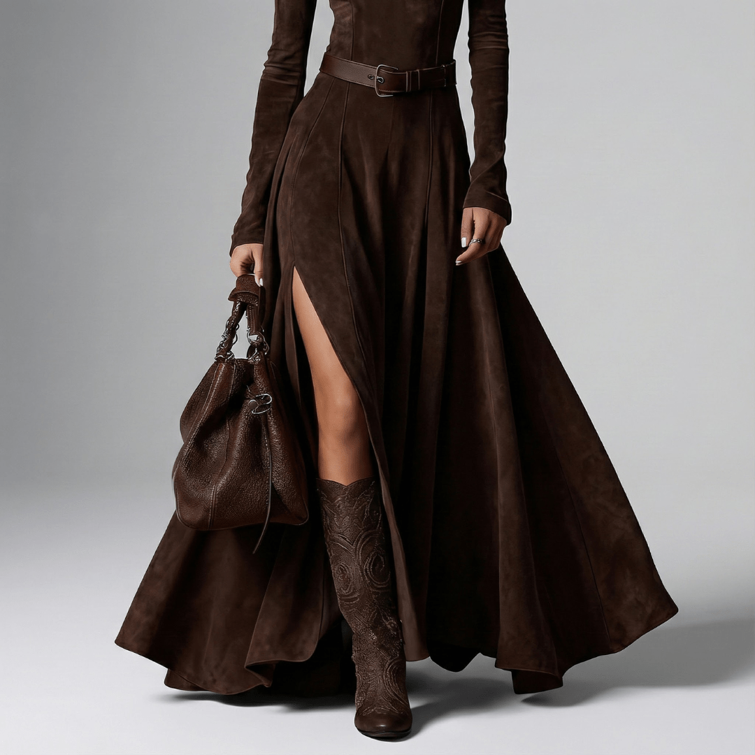 Lara | Damen Langarm Hoher Schlitz Maxi Kleid