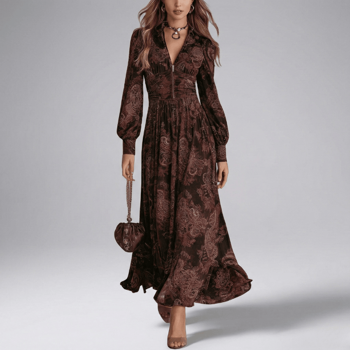 Helene | Damen Langarm Bedrucktes Maxi Kleid