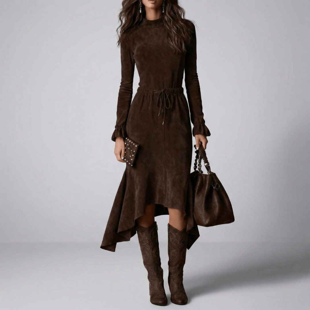 Karin | Damen Langarm Kordelzug Midi Kleid