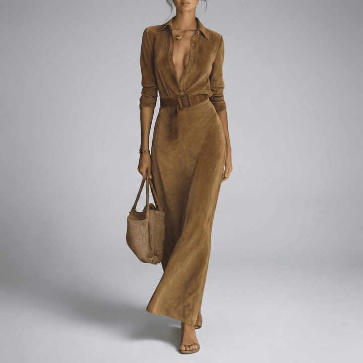 Maja | Damen Tiefes V Gürtelt Maxi Kleid