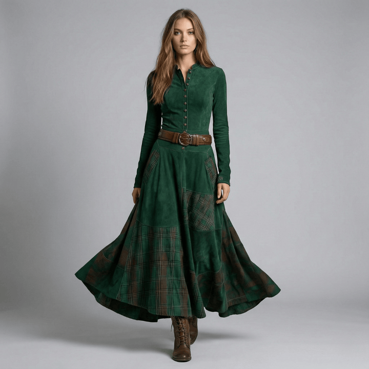 Christa | Damen Button Front Patchwork Maxi Kleid