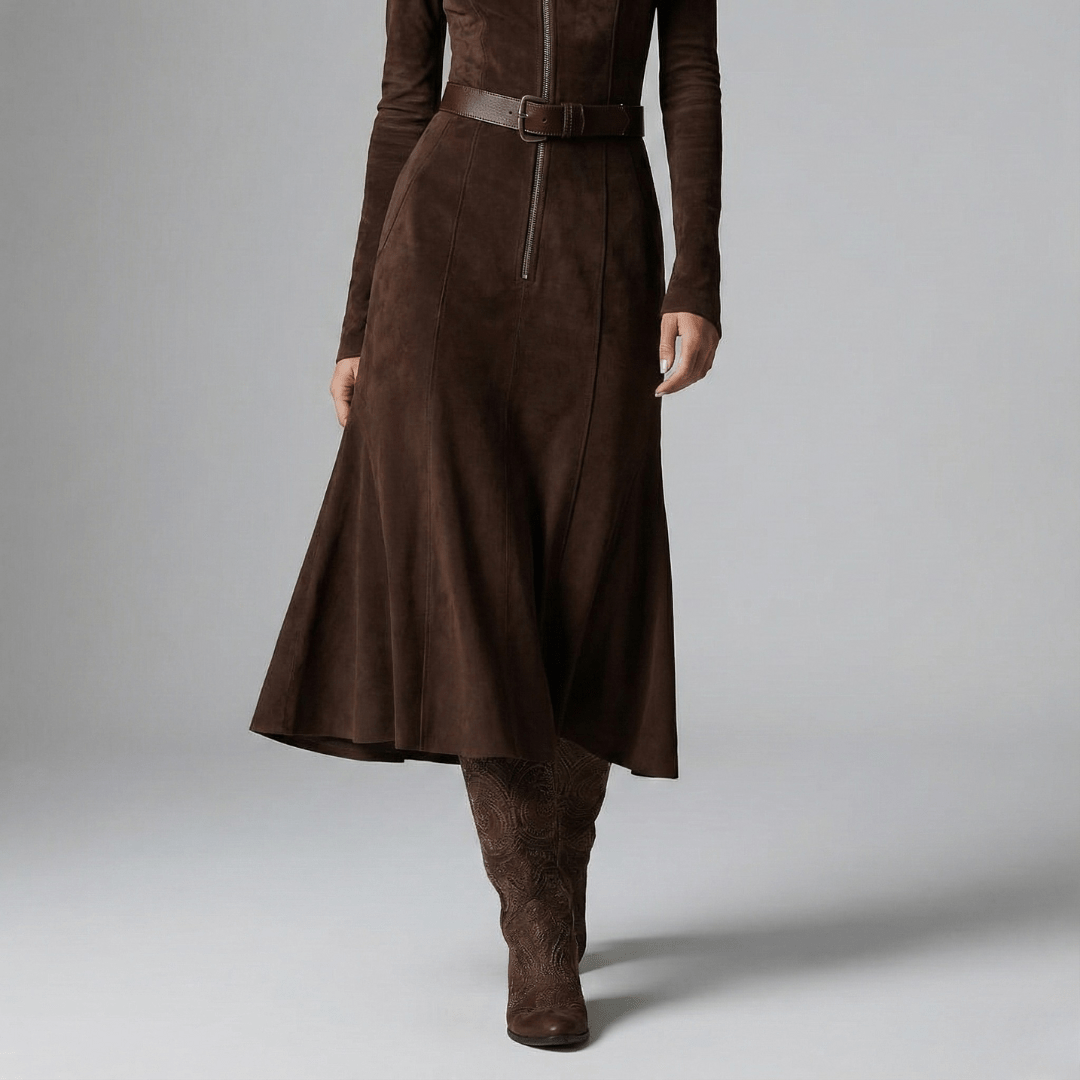 Gudrun | Damen Zip Front Gürtelt Midi Kleid