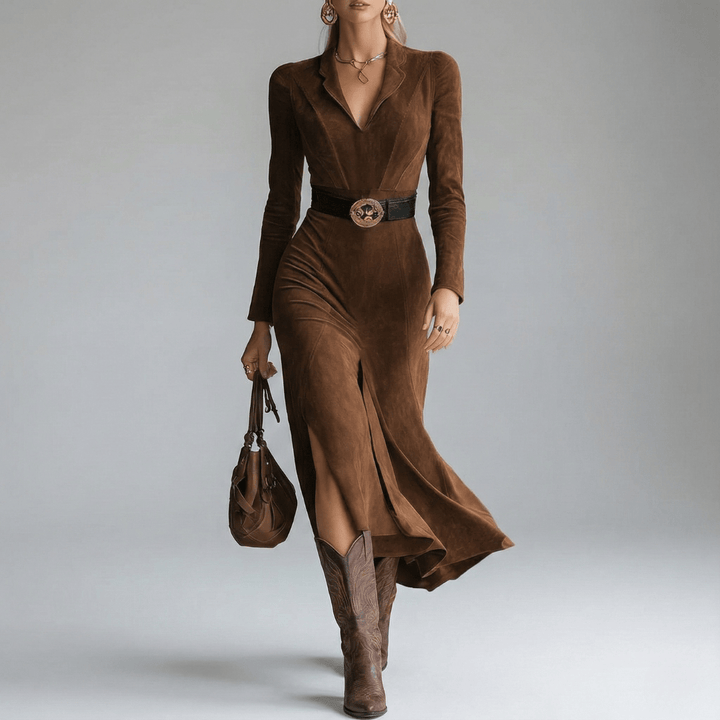 Birgit | Damen Tailliertes Langarm Maxi Kleid