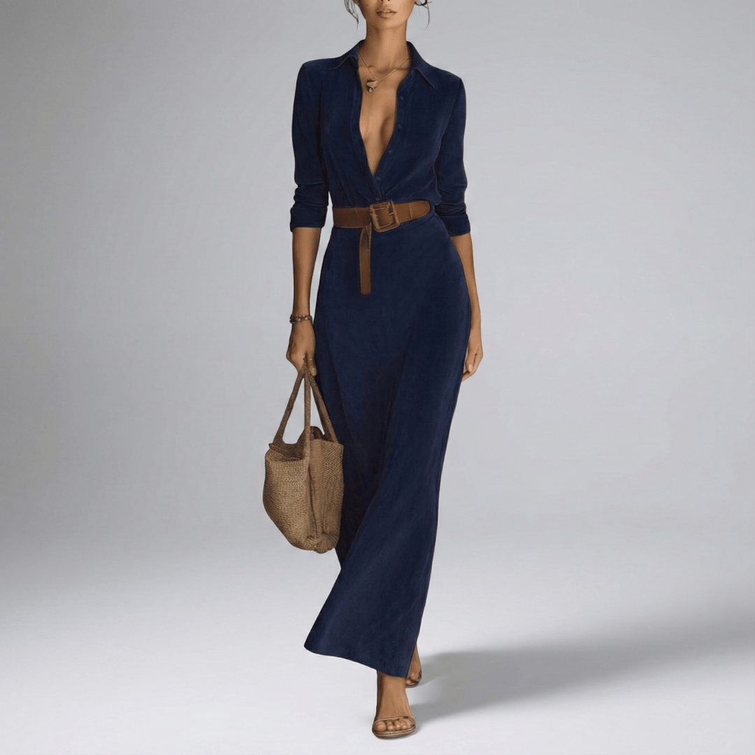 Maja | Damen Tiefes V Gürtelt Maxi Kleid