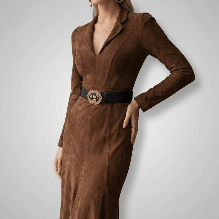 Birgit | Damen Tailliertes Langarm Maxi Kleid