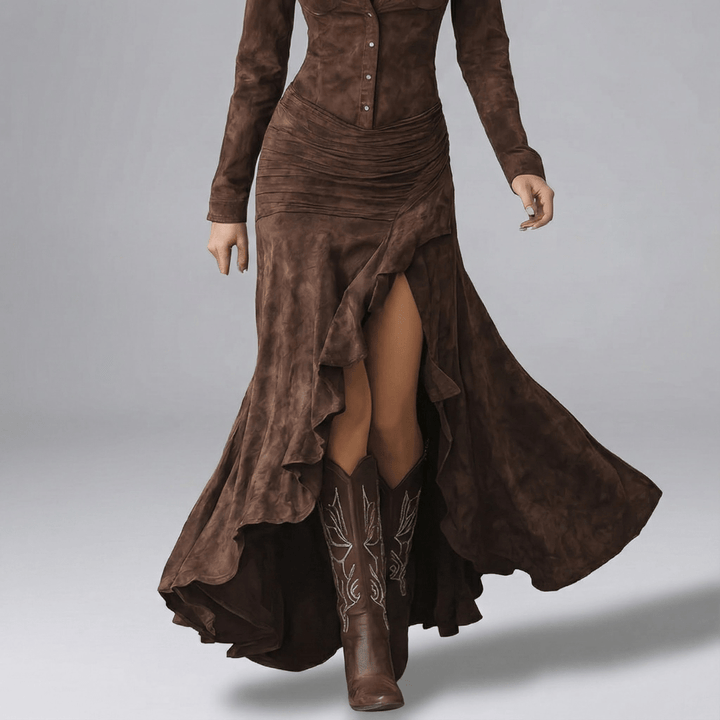 Natascha | Damen Knopf Front Rüschen Schlitz Maxi Kleid