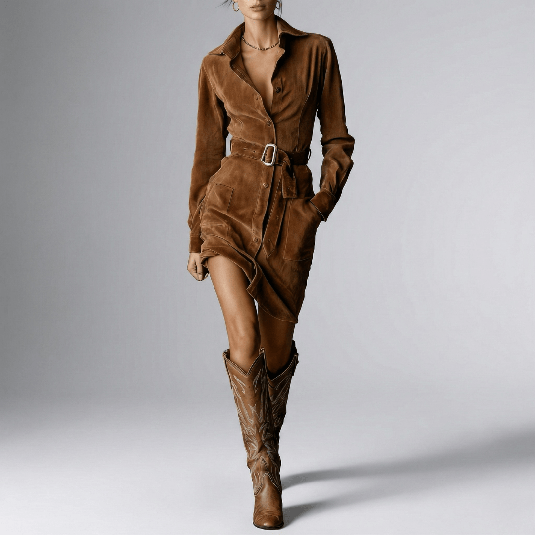 Frieda | Damen Knopf Front Gürtelt Mini Kleid