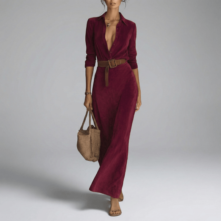 Maja | Damen Tiefes V Gürtelt Maxi Kleid