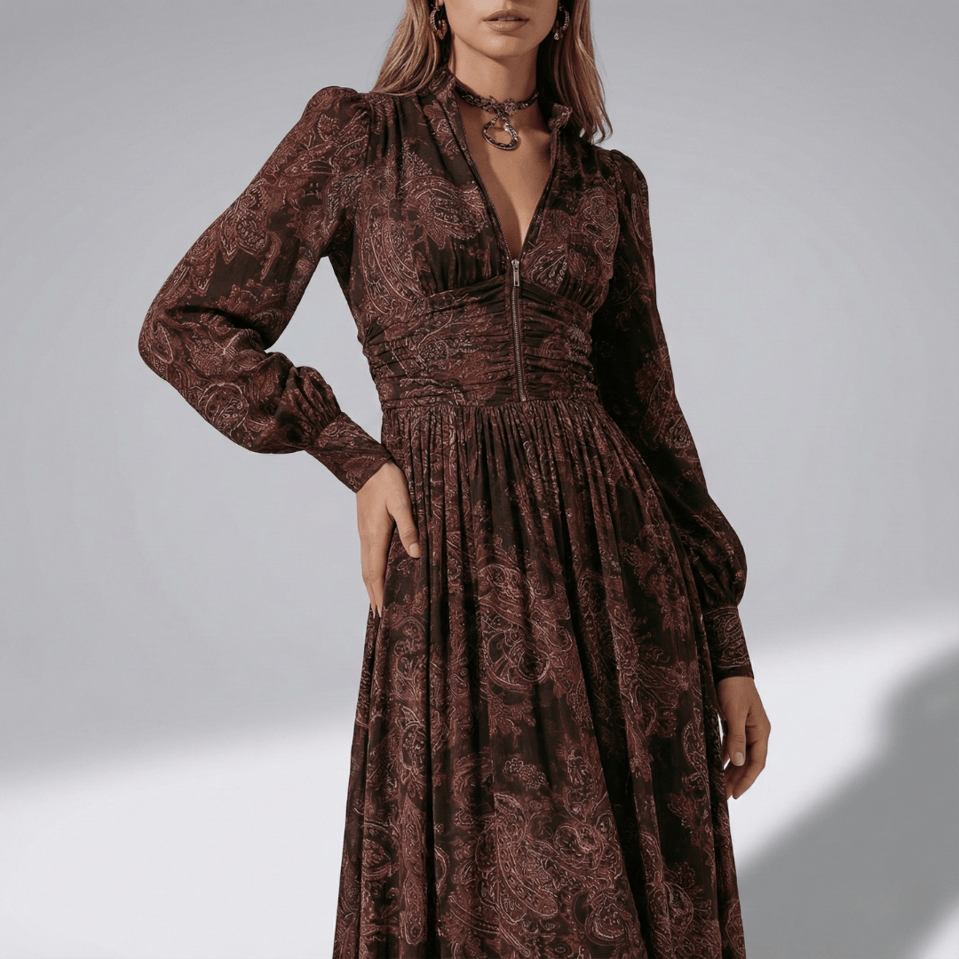 Helene | Damen Langarm Bedrucktes Maxi Kleid