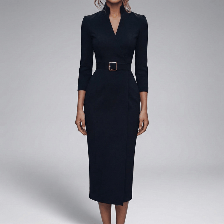 Kirsten | Damen Gürtel Wrap Neck Midi Kleid