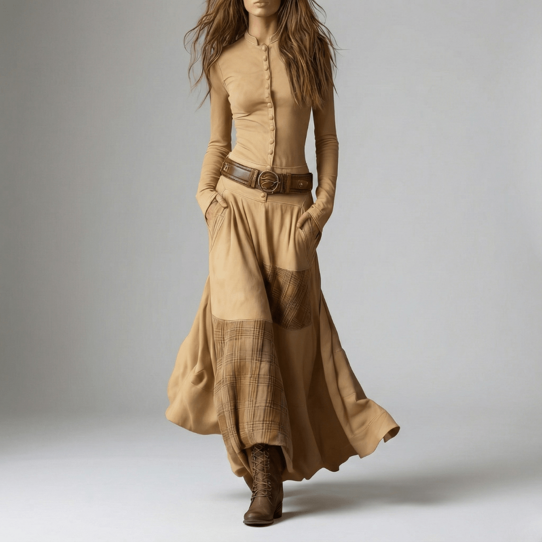 Christa | Damen Button Front Patchwork Maxi Kleid