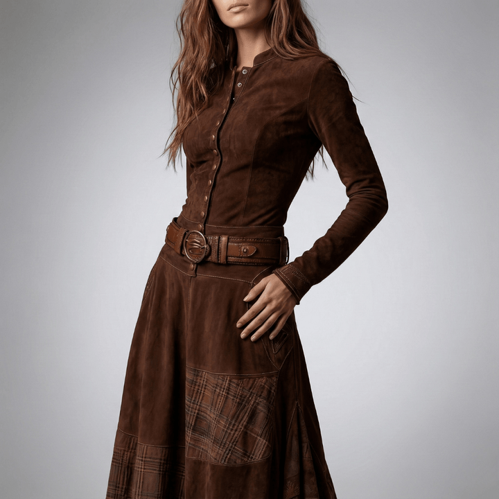 Christa | Damen Button Front Patchwork Maxi Kleid